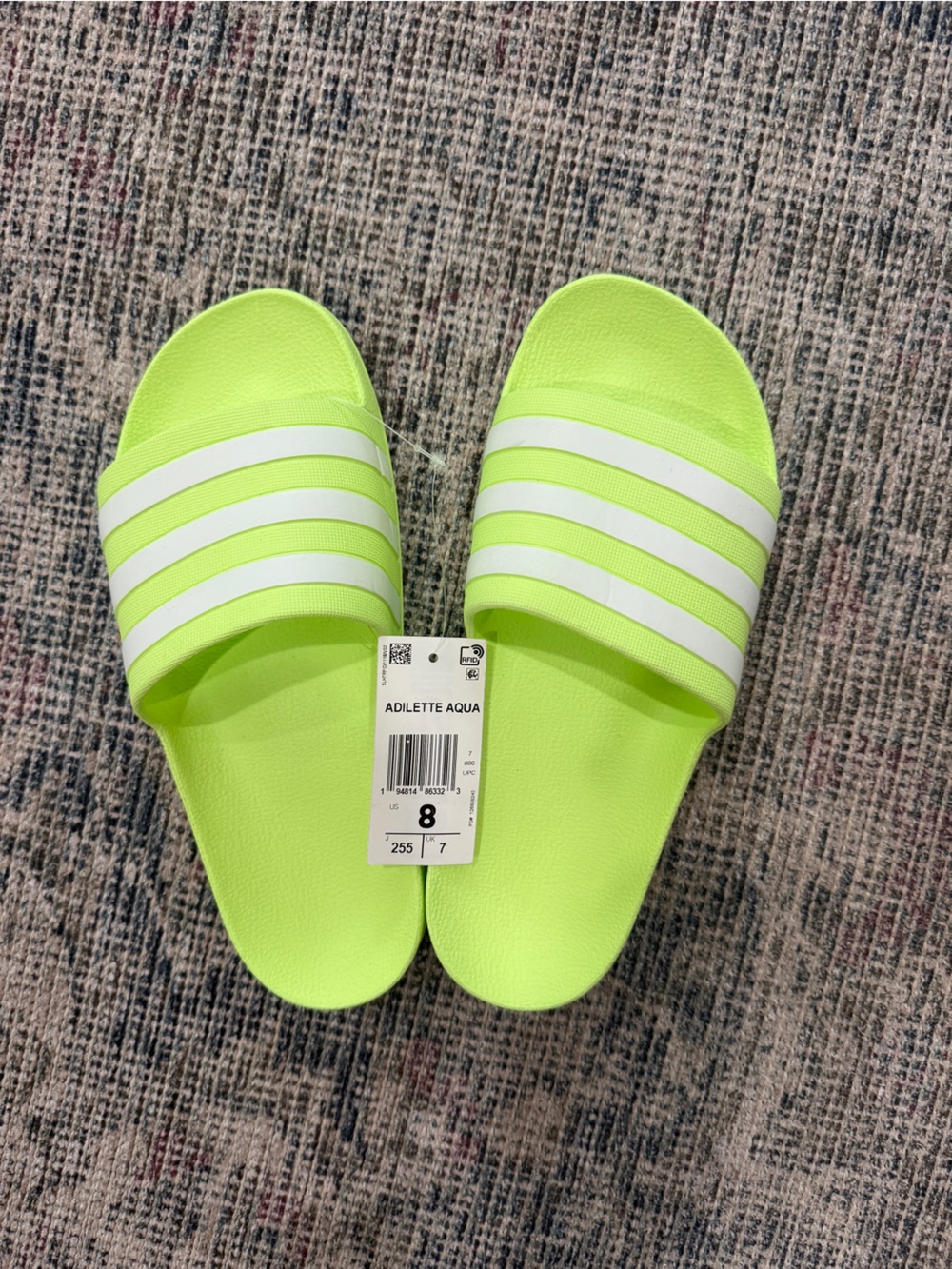 adidas Neon Lime Adilette Aqua Slides with White Stripes